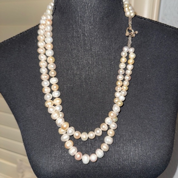 Vintage Freshwater Baroque Circle Pearl Necklace Double Strand Silver toggle 25” - Picture 3 of 15